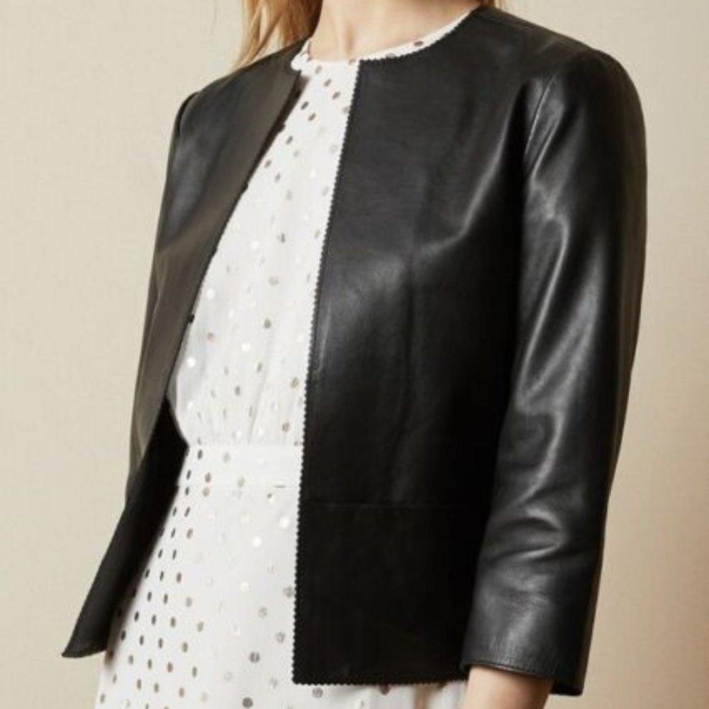 Ted Baker MORISR Zig Zag Edge Cropped Black Leather Jacket, Size 0 (US 2), NWT